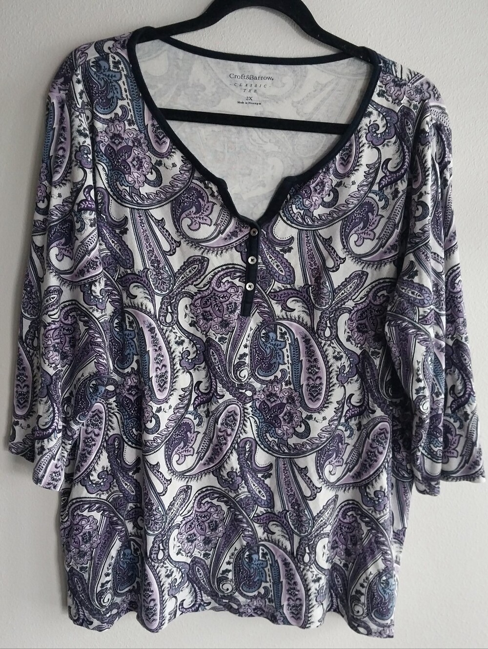 Croft & Barrow Purple Paisley 100% Cotton 3/4 Sleeve Classic Henley Top